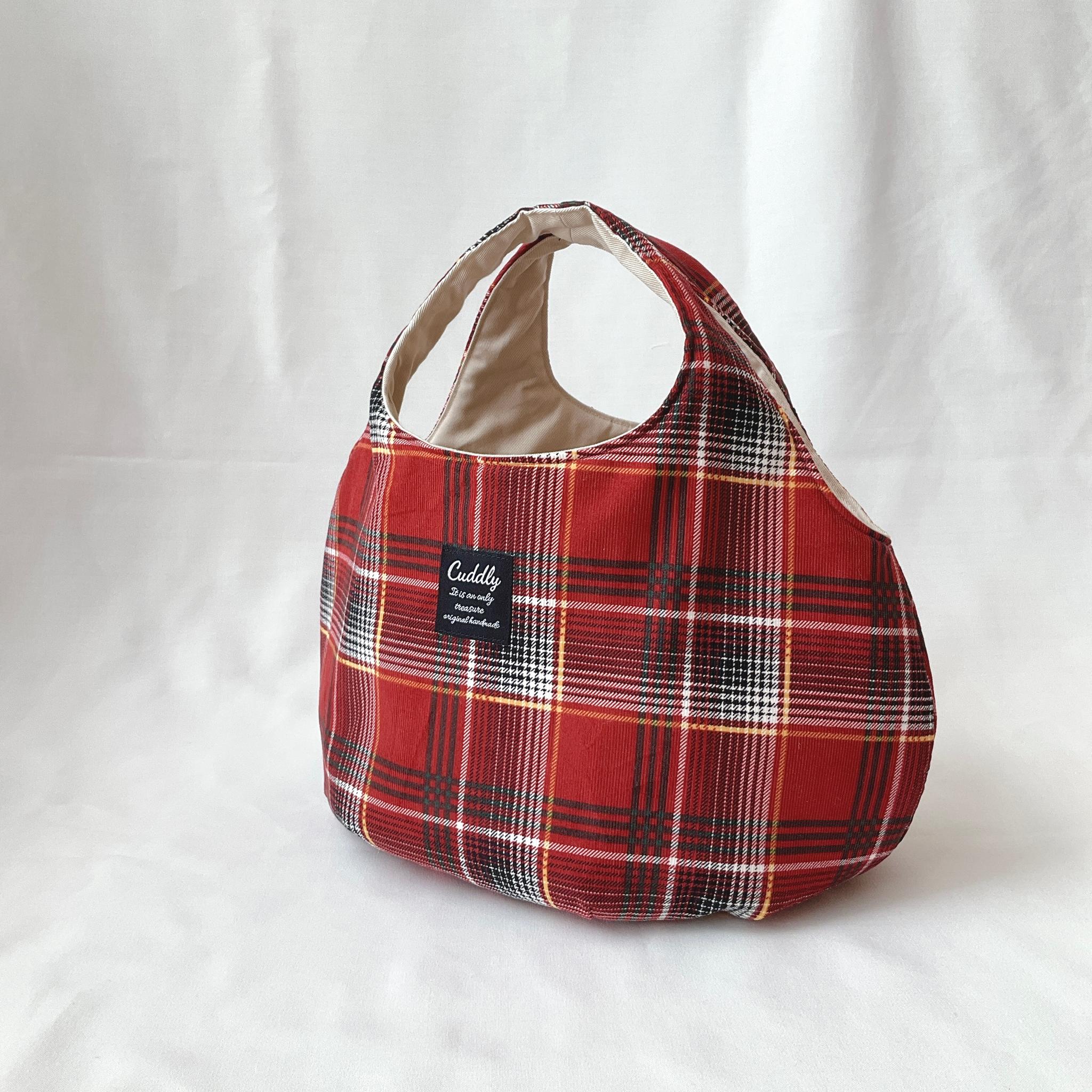 あったか素材のころりんバッグ　Mサイズ　手持ち　コーデュロイ　チェック1枚目の画像