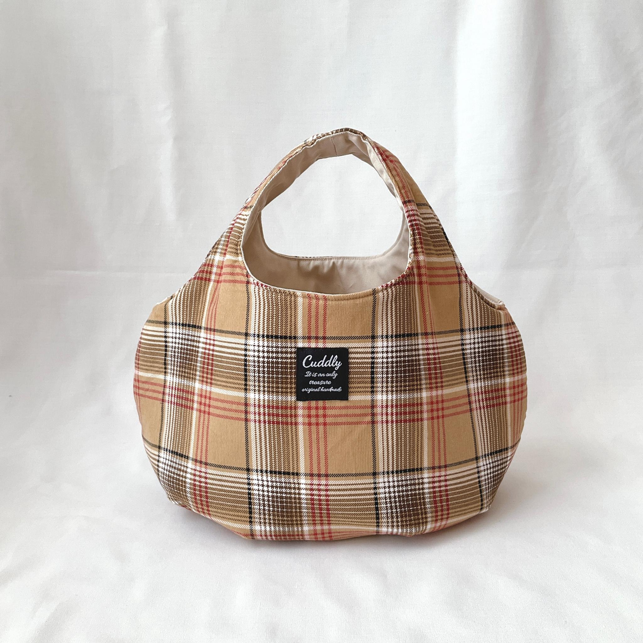 あったか素材のころりんバッグ　Mサイズ　手持ち　コーデュロイ　チェック | 3枚目